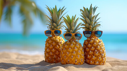 
A pineapple wearing sunglasses against the backdrop of a tropical beach, creating a summer holiday ambiance.