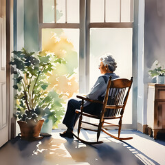 A white-haired old woman sitting in a rocking chair by the window, looking out the window and smiling. Cozy interior. Illustration in watercolor style.