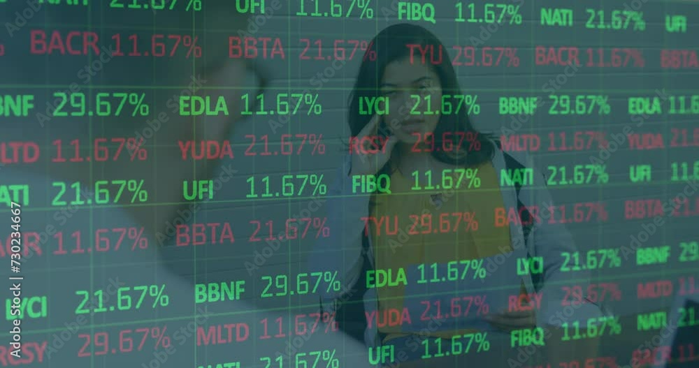 Poster animation of financial data processing over diverse colleagues discussing work in office