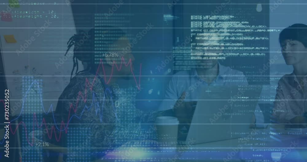Poster animation of financial data processing over diverse colleagues discussing work in office