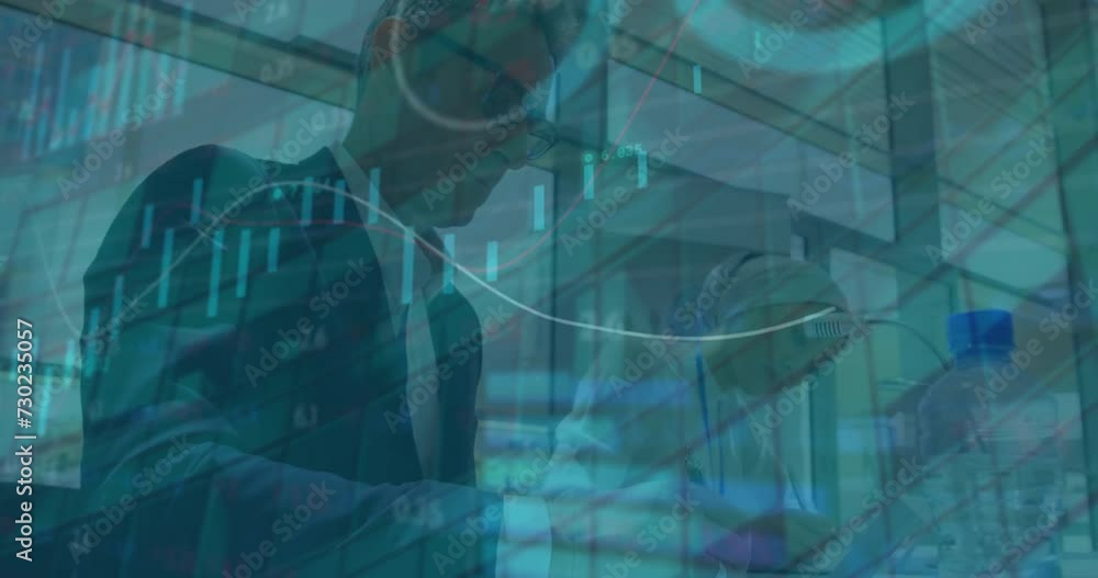 Aufkleber animation of financial data processing over diverse colleagues working in office