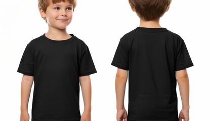 a small kid wearing a black plain blank t-shirt, A boy with a black plain t-shirt mockup, template front, and back side view
