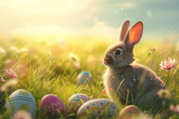 Fototapeta na wymiar Fluffy Easter bunny among painted eggs on sunny field