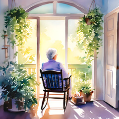 In an indoor space with many plants, an elderly woman is sitting on a rocking chair by the window and taking a break. View from behind. Illustration in watercolor style.