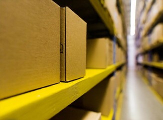 Boxes are stacked on a shelf in a warehouse. Suitable for logistics, storage, or inventory.