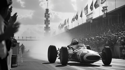 Vintage race cars speeding during a historic grand prix event, crowd cheering