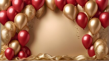 red gold background with balloons, beautiful arch, frame on a gold background for a poster, discounts on birthday celebration concept, sale, brochures, coupon flyer, advertising design, happy new year