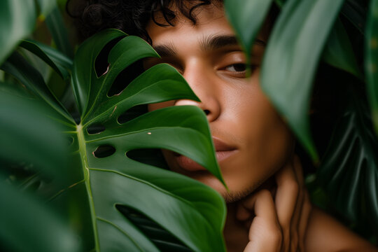 Portrait of a guy of good looks next to leaves of tropical plants