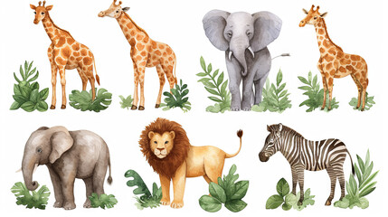watercolour illustration of lion, giraffe, zebra and elephant on the white background. set of safari animals 