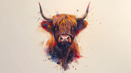 watercolour illustration of The Highland cow, long horns and a long shaggy coat. Scottish breed of rustic cattle - obrazy, fototapety, plakaty