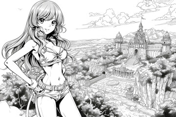 Portrait of a girl against the background of an ancient castle. Journey into a fairy tale. Pages for coloring book for adults and children