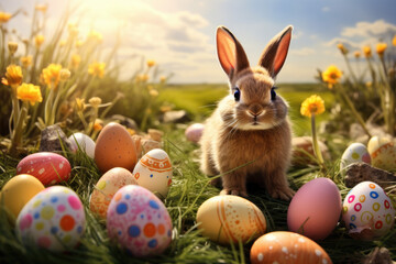 Fototapeta na wymiar Fluffy Easter bunny among painted eggs on sunny field