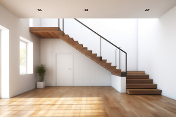 a white living room with stairs, floor and floorboard, in the style of pseudo-realistic, light brown, passage, engineering/construction and design, quadratura, tachisme, low-angle