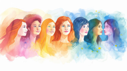 vibrant watercolor portrait series of diverse women for international women's day