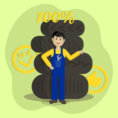 flat vector illustration of an auto mechanic standing next to tires from car wheels, advertising for tire fitting and car service, high quality guarantee