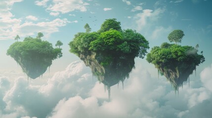 Floating Island Oasis Amidst Clouds. Dreamy floating islands with lush greenery, suspended in a sky of soft clouds.