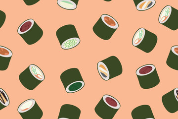 Cute Japanese sushi rolls seamless pattern. Vector illustration. Vector illustration