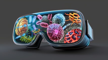 Fototapeta premium Virtual Reality Goggles with Microscopic View. VR headset showcasing colorful microscopic organisms.