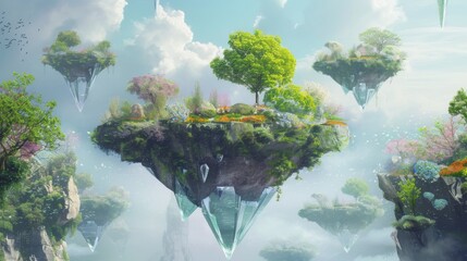 Magical Floating Isles with Floral Biodiversity. Floating isles with rich floral diversity and crystal shards. - obrazy, fototapety, plakaty