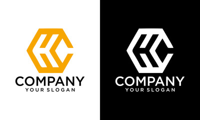 Initial letter HC, minimalist line art monogram hexagon shape logo, white color on black background