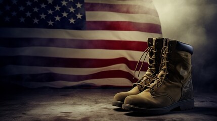 Old combat boots and dog tags with American flag. Neural network AI generated art