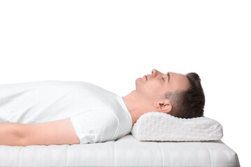 Man sleeping on orthopedic pillow against white background