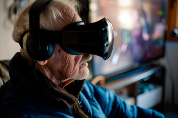 old man enjoying virtual reality in his living room