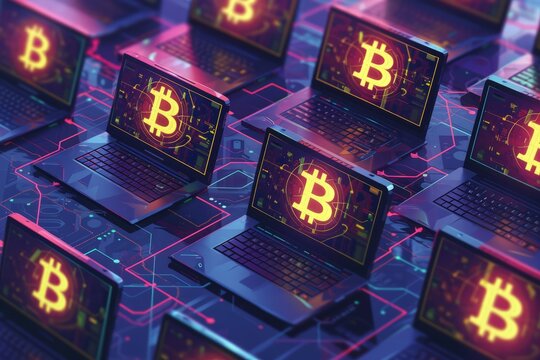 An illustration featuring Bitcoin representation, useful for discussing the crypto currency, networking,  blockchain, mining, and bitcoin halving event. Generative AI. 