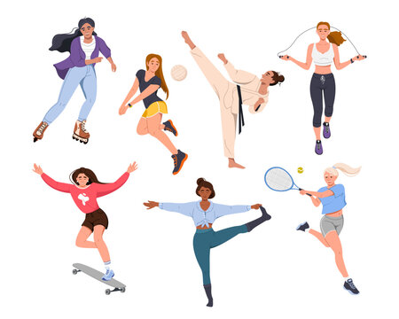 A set with vector images of female athletes. Young women play sports. Team play, street sports, martial arts, yoga, fitness. Vector illustration in a flat style isolated on a white background