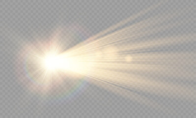 Vector transparent sunlight special lens flare light effect. Lens flare light effect. Sun flash with warm rays and spotlight. Isolated star burst in sky.
