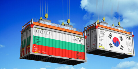 Shipping containers with flags of Bulgaria and South Korea - 3D illustration