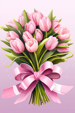 Bright Floral Beauty: A Colorful Bouquet of Pink Tulips, Fresh Flowers, and Green Leaves on a Wooden Background with a Ribbon Bow - The Perfect Romantic Gift for Mother's Day Celebration