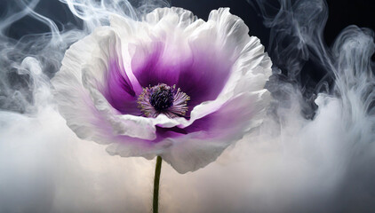 Abstrakcyjny kwiat maku w dymie, biel i fiolet - obrazy, fototapety, plakaty