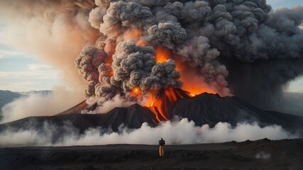 Majestic Volcanic Eruption Captured at Dusk With Lone Observer in Foreground
