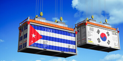 Shipping containers with flags of Cuba and South Korea - 3D illustration