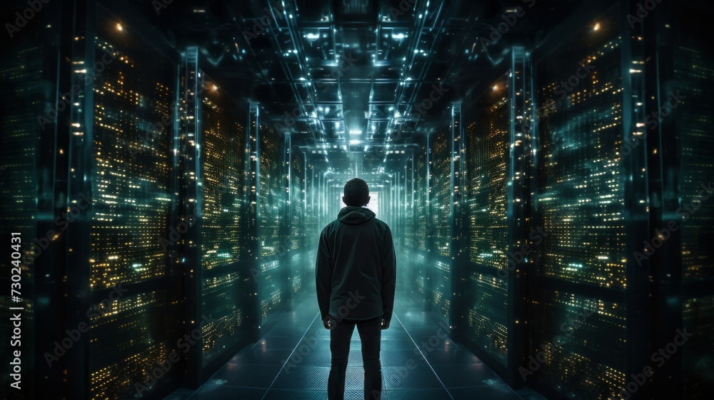 Aufkleber silhouette of a male hacker in a server room. neural network ai generated art