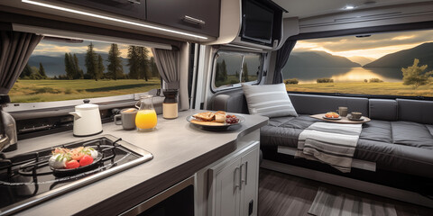 Fototapeta premium A RV camperon wheels with a kitchen equipped with a gas stove, cabinetry, countertop, table, and window for a cozy house on the go.