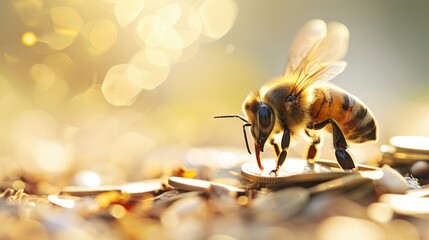 Honey bee collecting nectar and pollen on golden bokeh background - obrazy, fototapety, plakaty