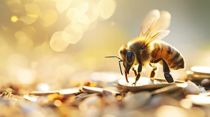 Fotobehang Honey bee collecting nectar and pollen on golden bokeh background © Олег Фадеев