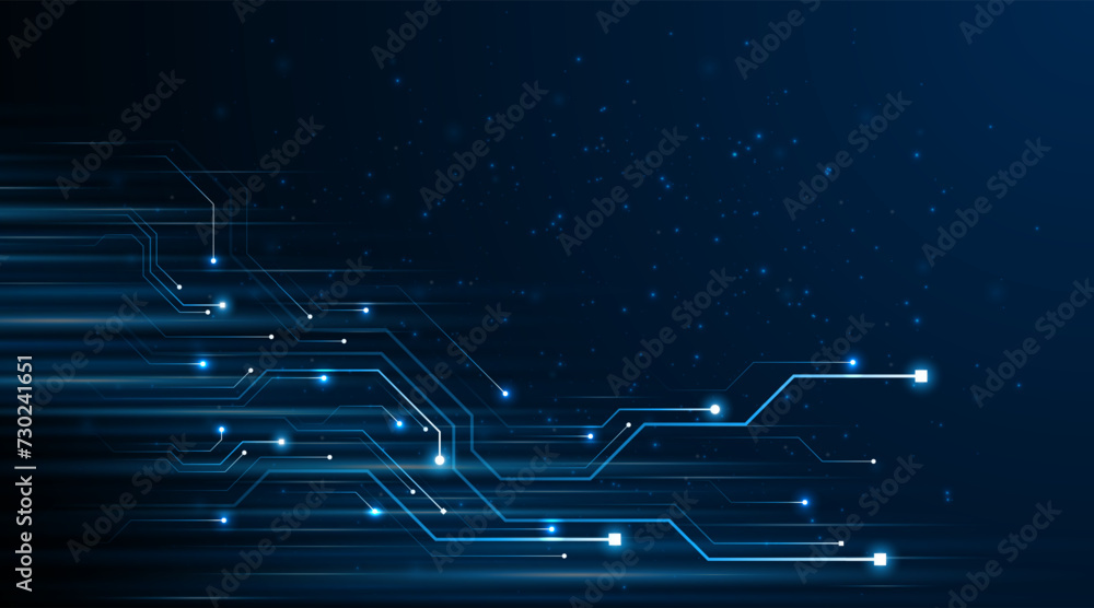 Aufkleber Blue glowing lines with glitter light effect on dark background. High speed internet technology concept or fast wireless data transmission. modern internet network connection technology background	