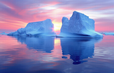 big blue icebergs float at sunrise