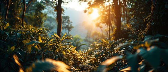 Sunbeams pierce the dense foliage of a lush tropical jungle