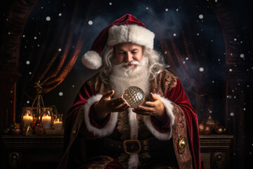 Magical Santa Claus charms with his hands on a red background