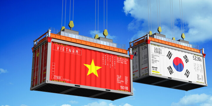 Shipping containers with flags of Vietnam and South Korea - 3D illustration