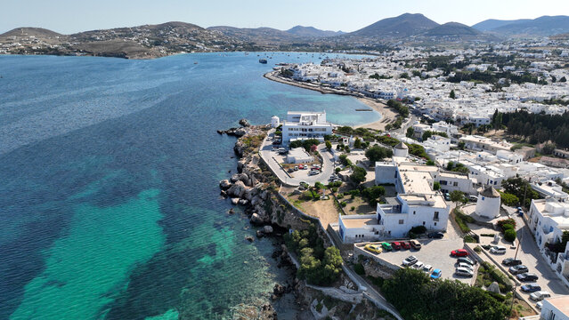 Aerial drone photo of traditional whitewashed picturesque main village of Paroikia or hora with unique Cycladic architecture, Paros island, Cyclades, Greece