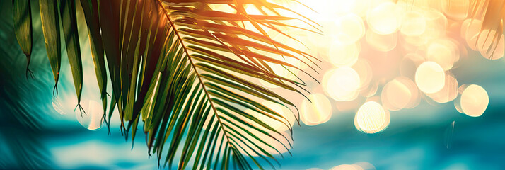 Fototapeta na wymiar green palm leaf on tropical beach with bokeh sun light wave abstract background