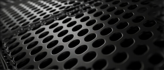 Macro shot of a black perforated metal surface with circular patterns