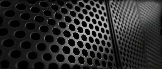 Macro shot of a black perforated metal surface with circular patterns - obrazy, fototapety, plakaty