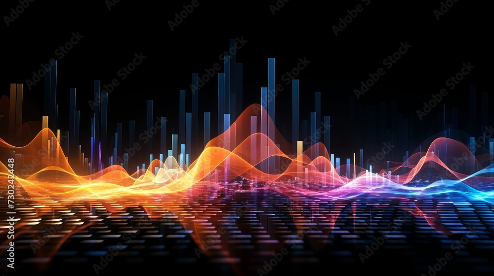 Poster abstract visual representation of sound waves and frequencies, illustrating the concept of audio tec