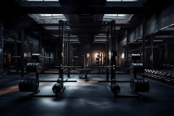A dark gym with a light on the ceiling and a barbell in the middle - obrazy, fototapety, plakaty